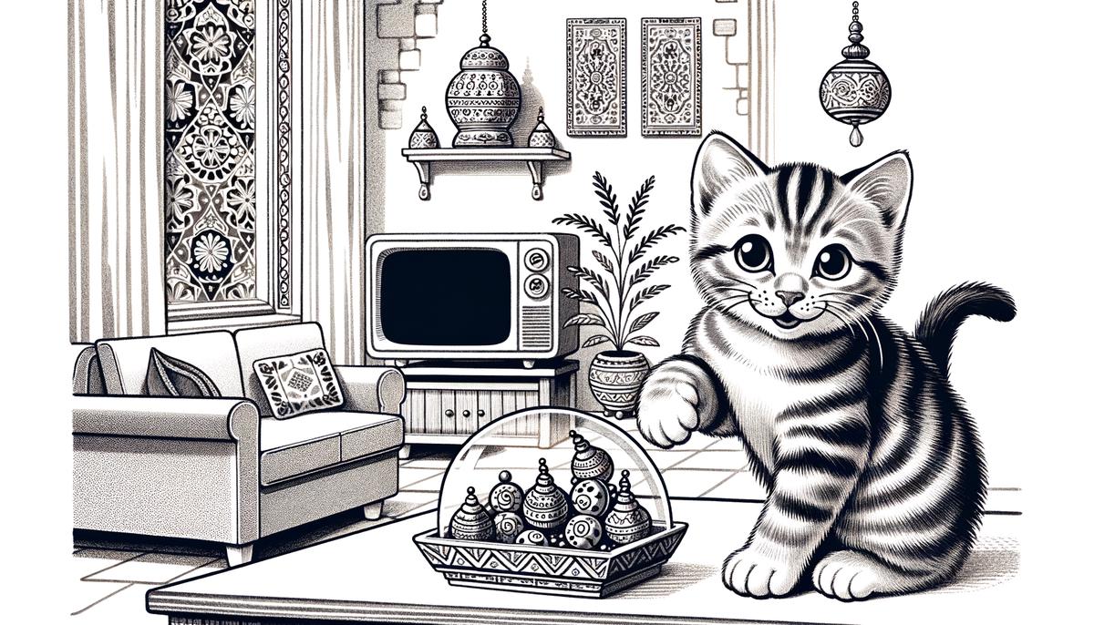 A playful kitten causing mischief in a living room