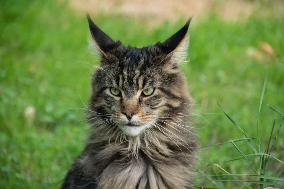 A beautiful Maine Coon cat sitting on a window sill, looking out with curiosity