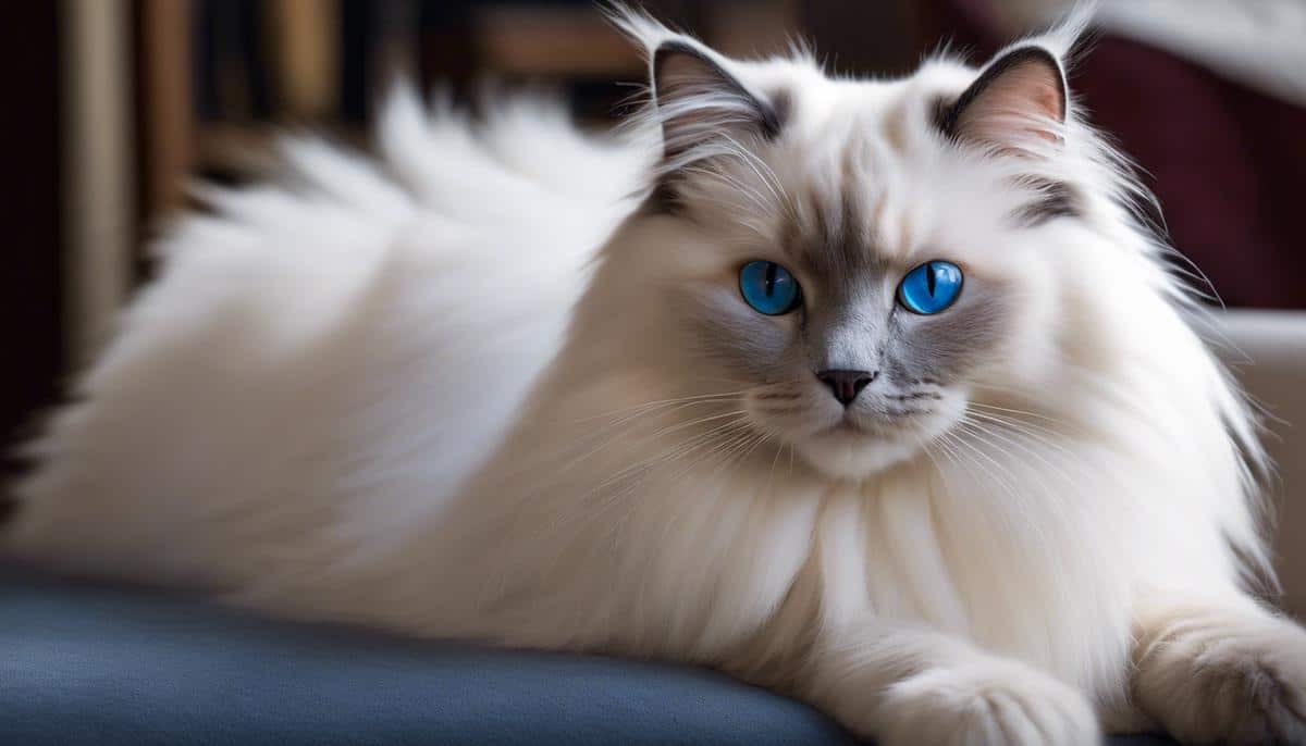 An image of a Ragdoll cat with distinct physical features, showcasing its stunning blue eyes and plush fur, complemented by its regal bearing and distinctive floppiness.