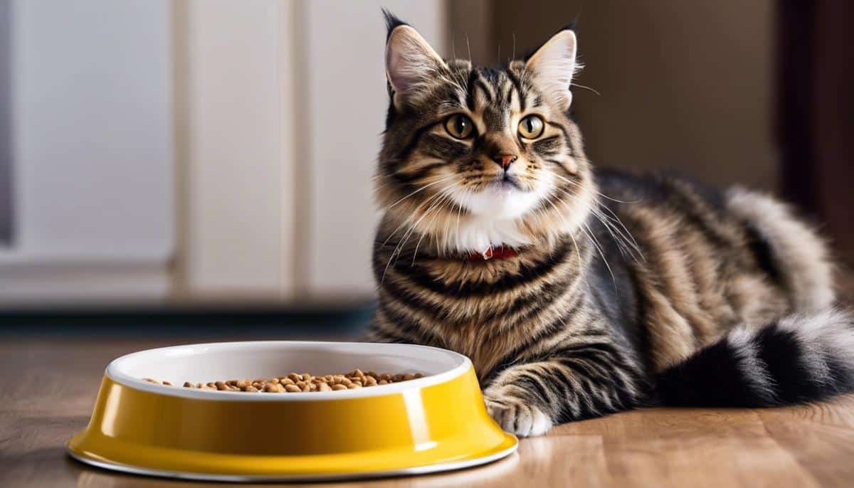A picture of a happy cat sitting next to a food bowl, representing the topic of the text and the joy of pet-parenting.