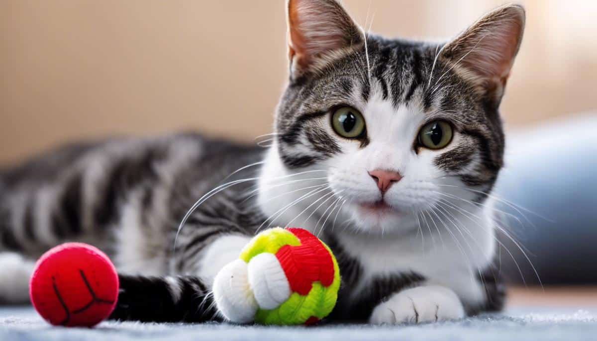 An image of an American Shorthair cat happily playing with a toy