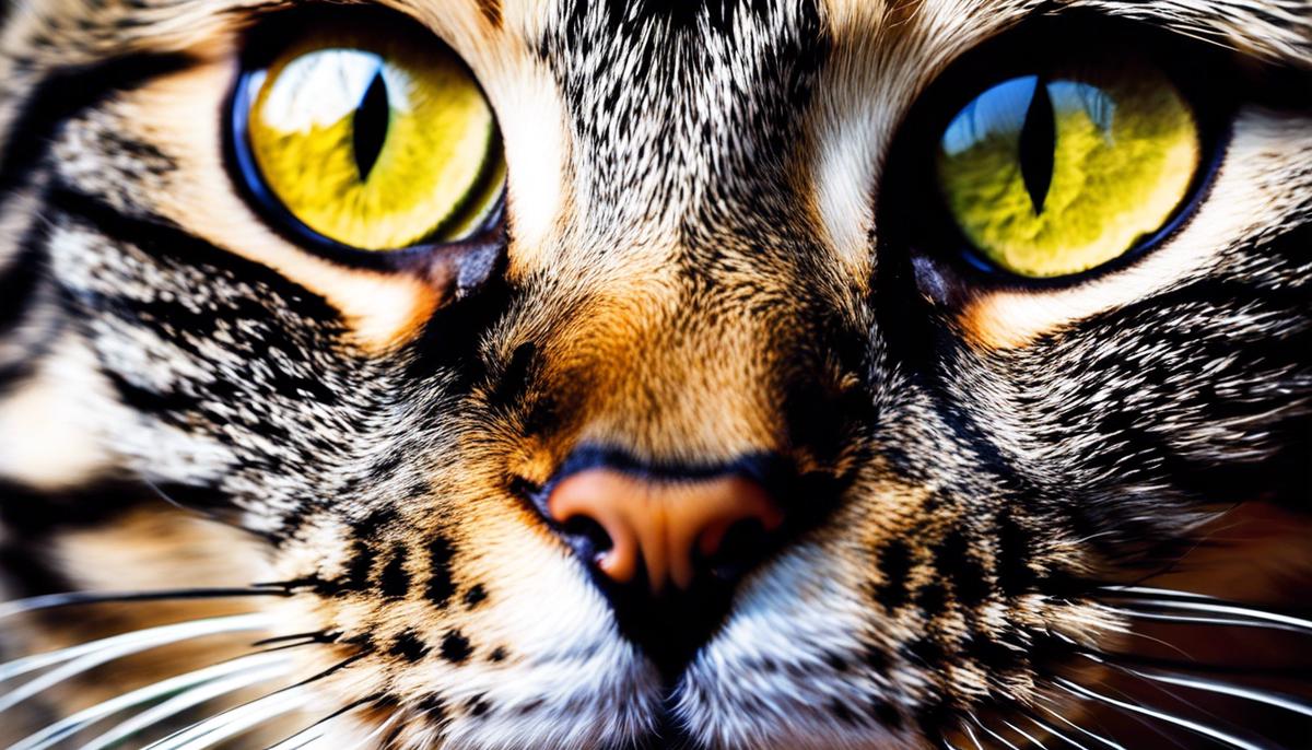 A close-up image of an American Shorthair cat with distinctive striped fur and round yellow eyes.