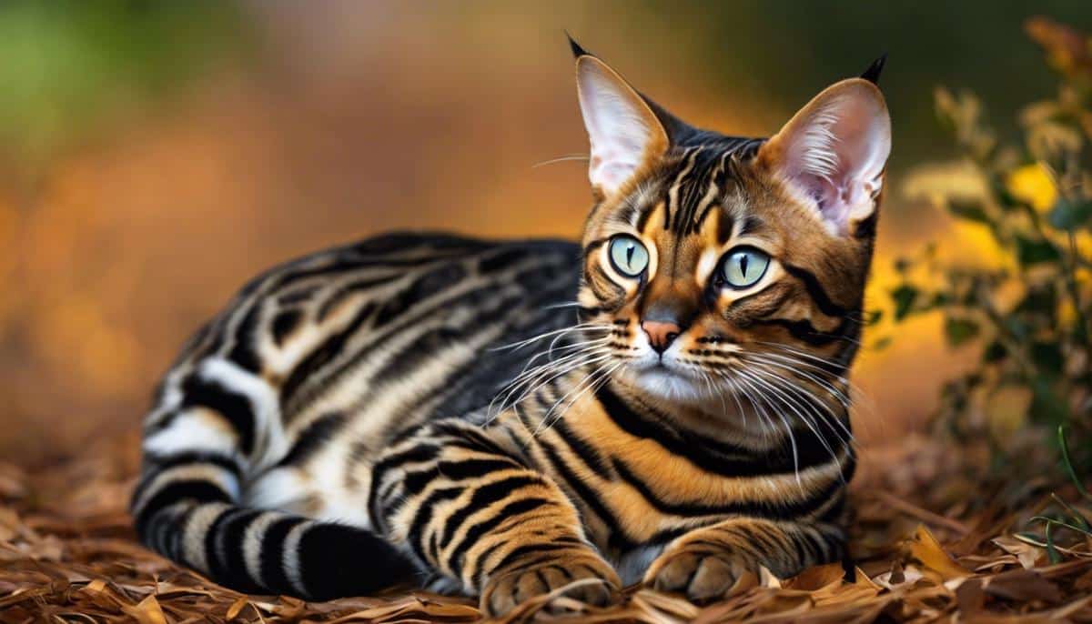 A Bengal cat with its distinct coat pattern, showcasing its wild and playful nature.