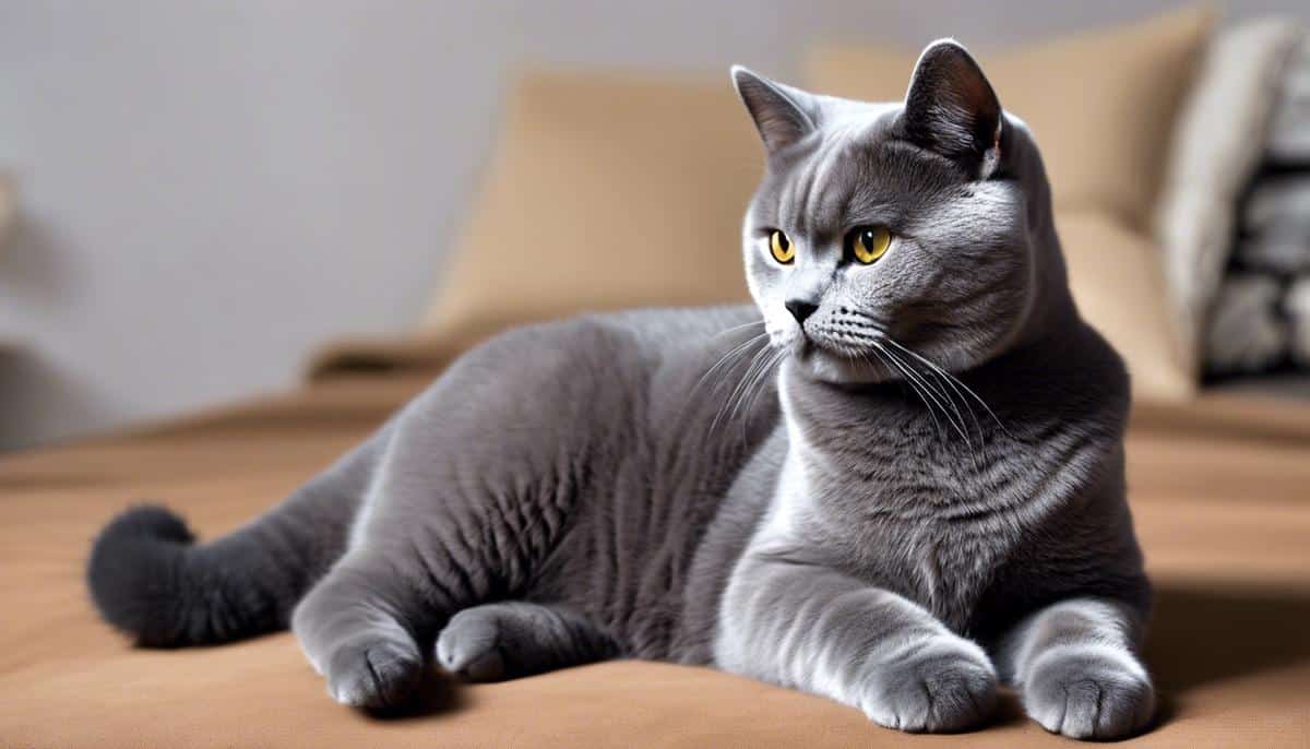 A British Shorthair cat sitting with a playful expression, showcasing their chunky body and cheerful personality.