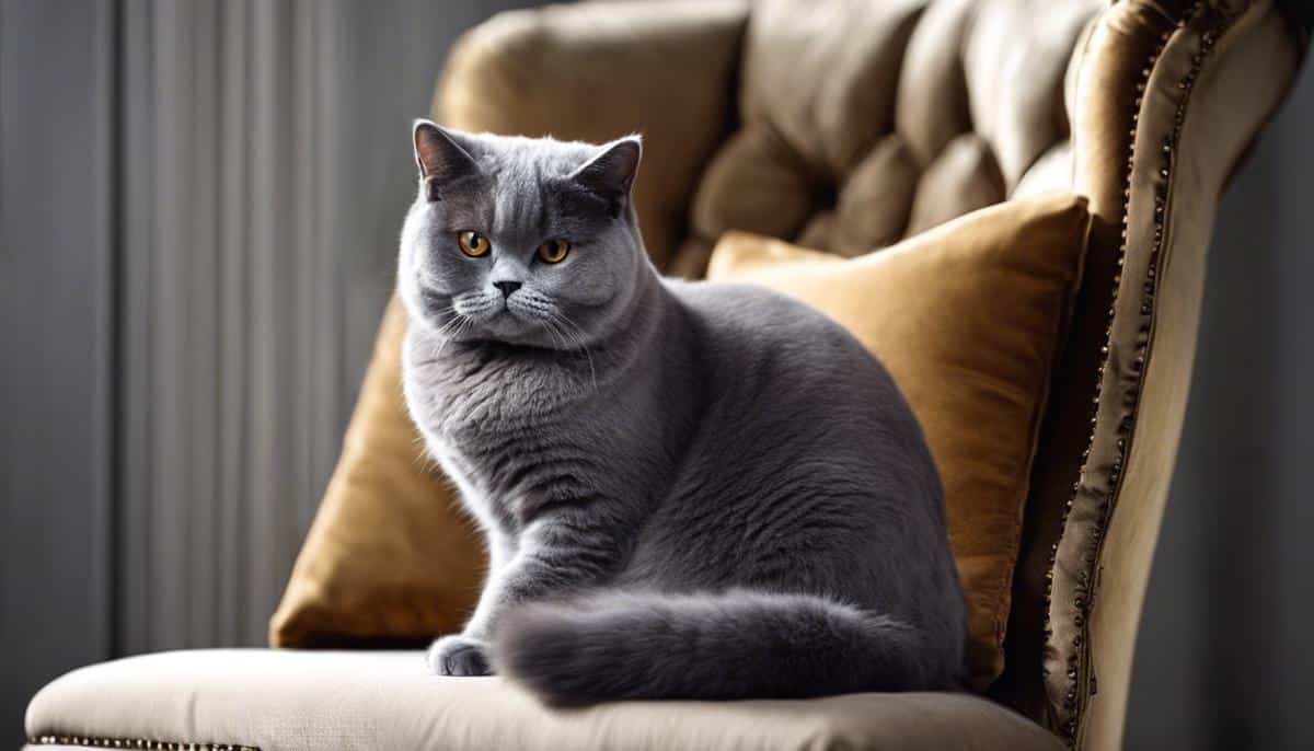 A British Shorthair cat sitting on a chair, looking majestically calm and regal