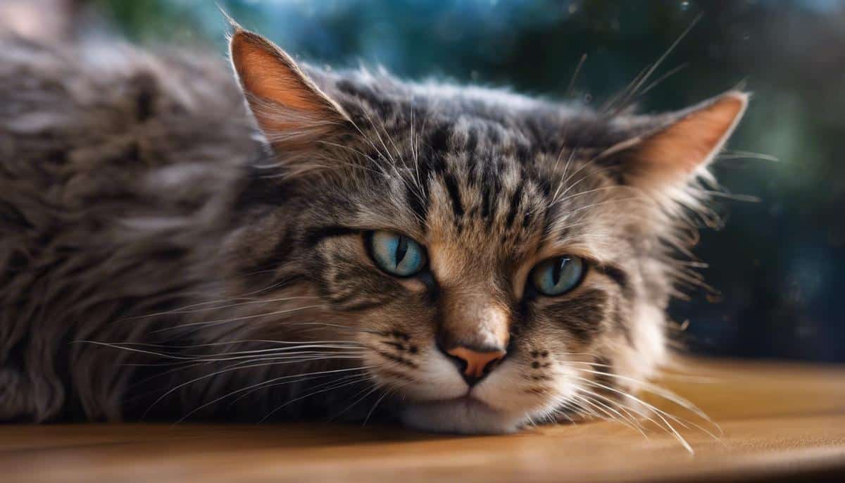 A cat with a stuffed nose and watery eyes, depicting cat allergies.