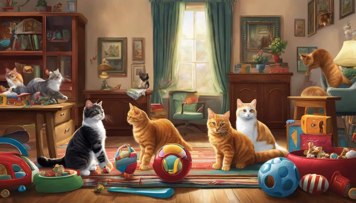 Illustration of cats playing with toys in a multi-cat household