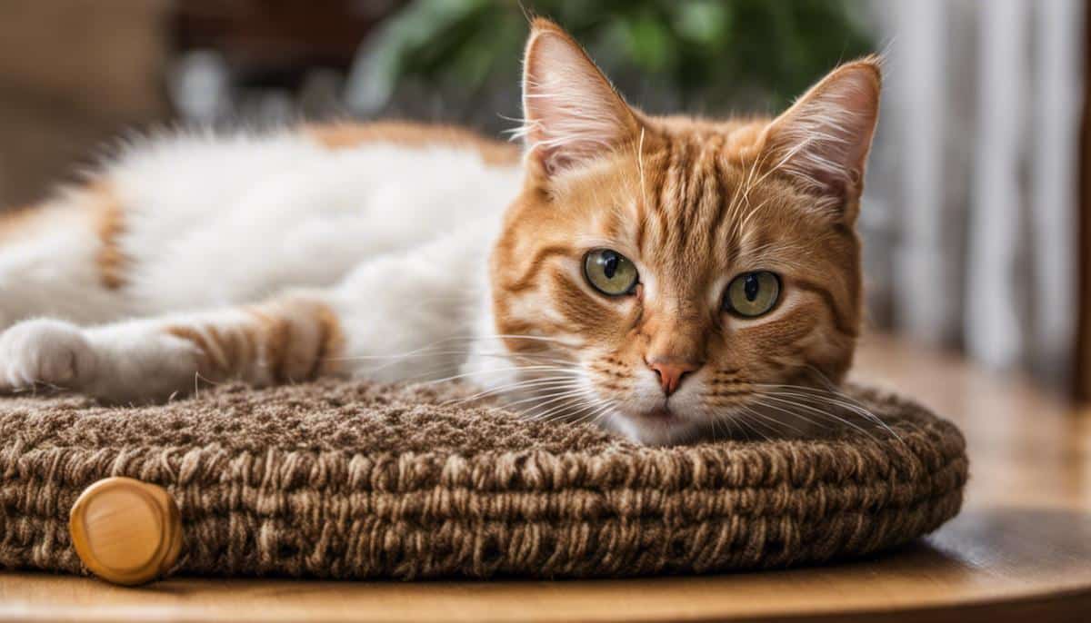 Image of a cat playing with a scratch pad, distracted from scratching furniture