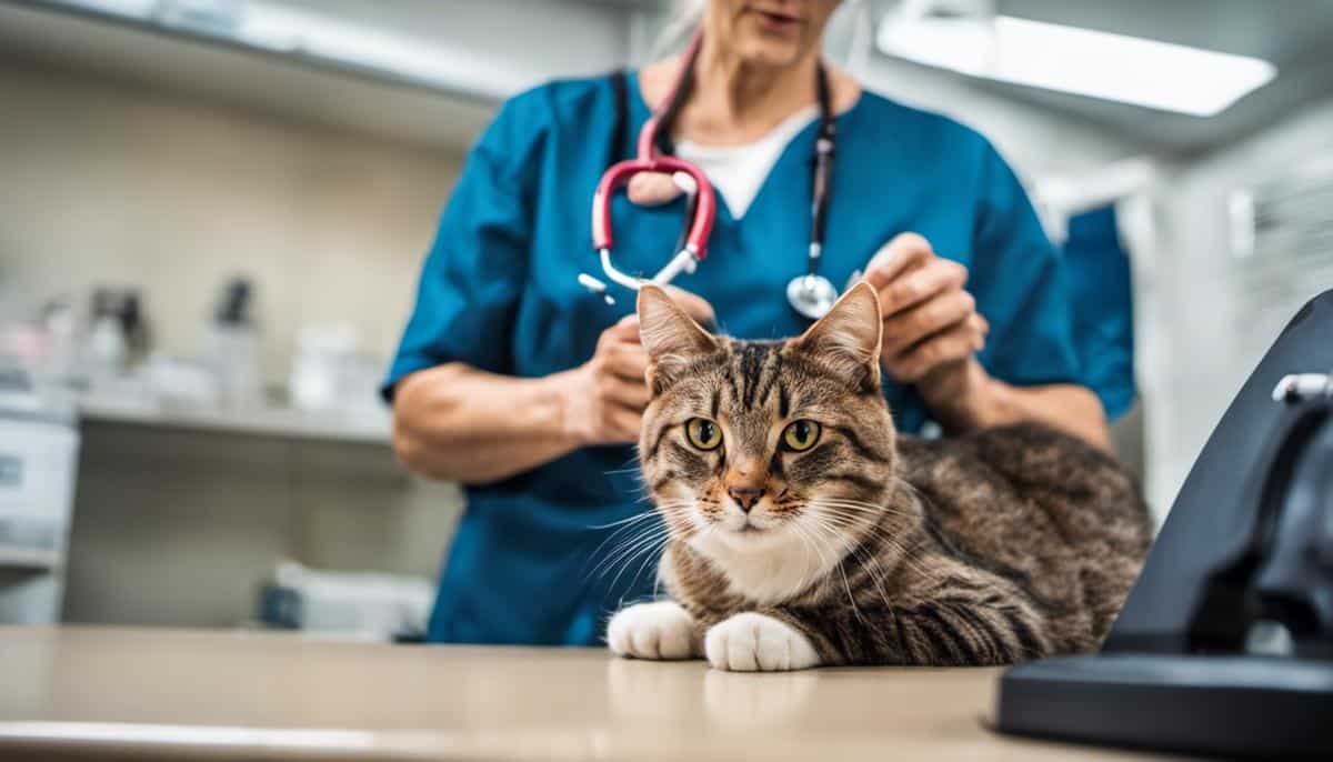 A cat sitting on an examination table at the vet's office, with the veterinarian holding a stethoscope to check the cat's heartbeat.