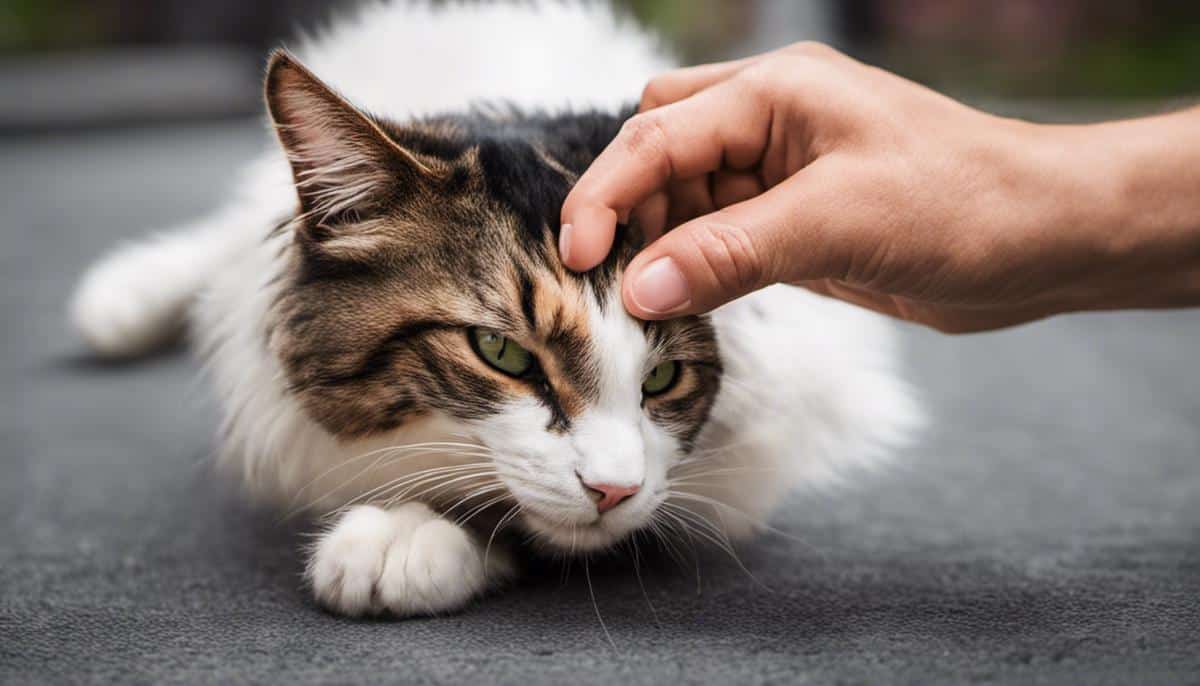 Image of a concerned person holding a cat's paw to check its health