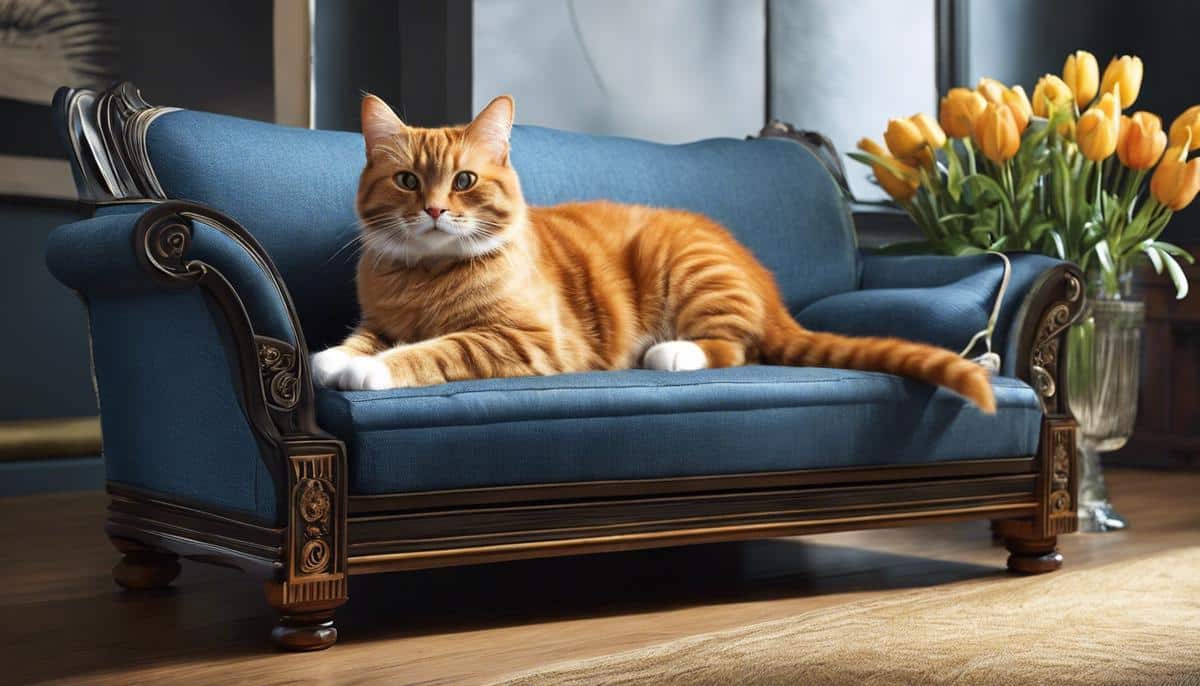 An image of a happy cat sitting next to a well-protected and scratch-free sofa.