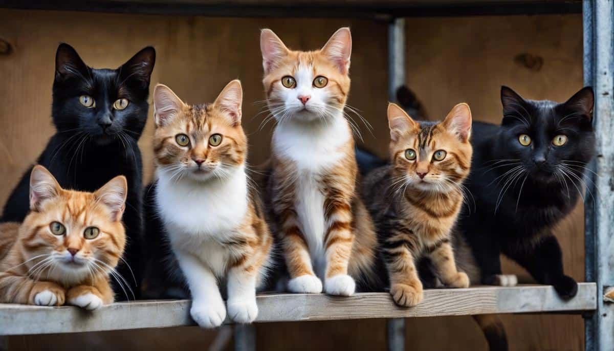 A group of cats in a rescue organization, waiting to be adopted