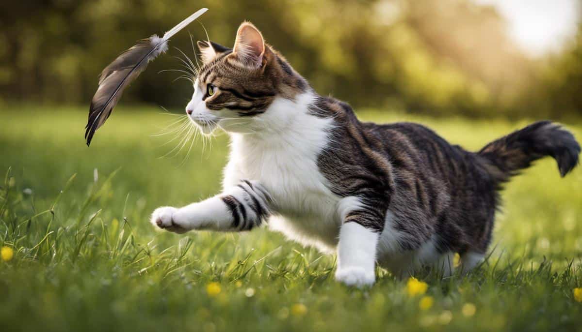 A playful cat chasing a feather toy.