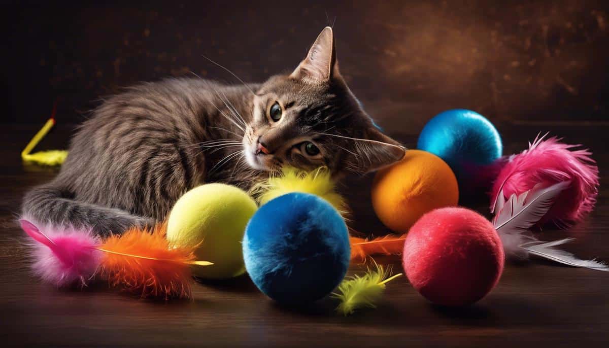 Image of different cat toys including balls, feather toys, and a mouse toy