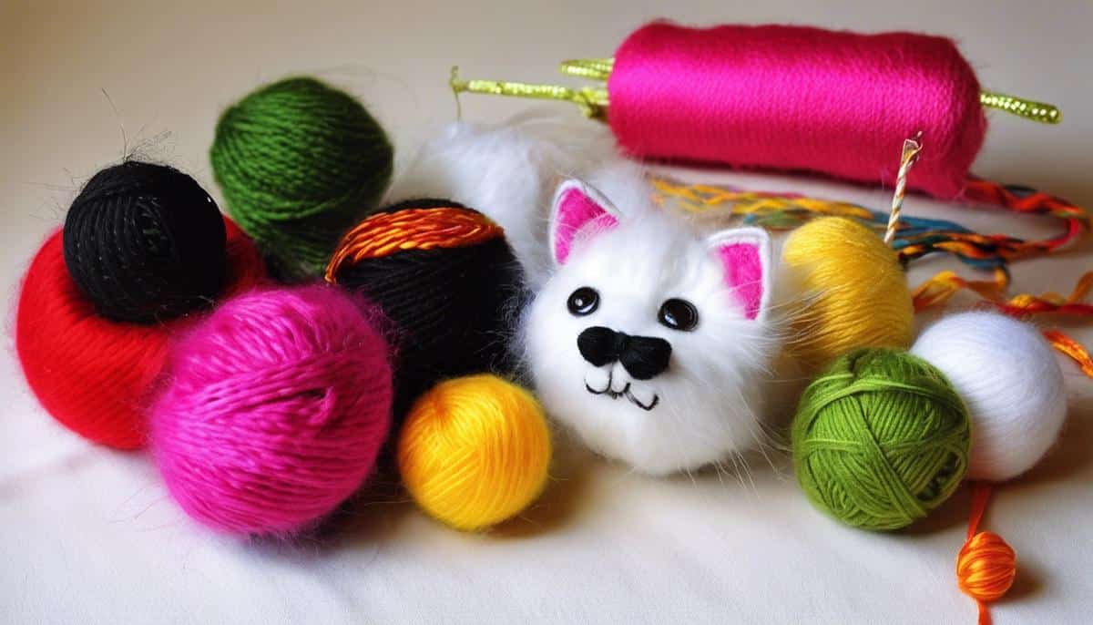 Image of various homemade cat toys such as a sock and bell toy, a string feather toy, a bottle spinner toy, and a wool ball toy.