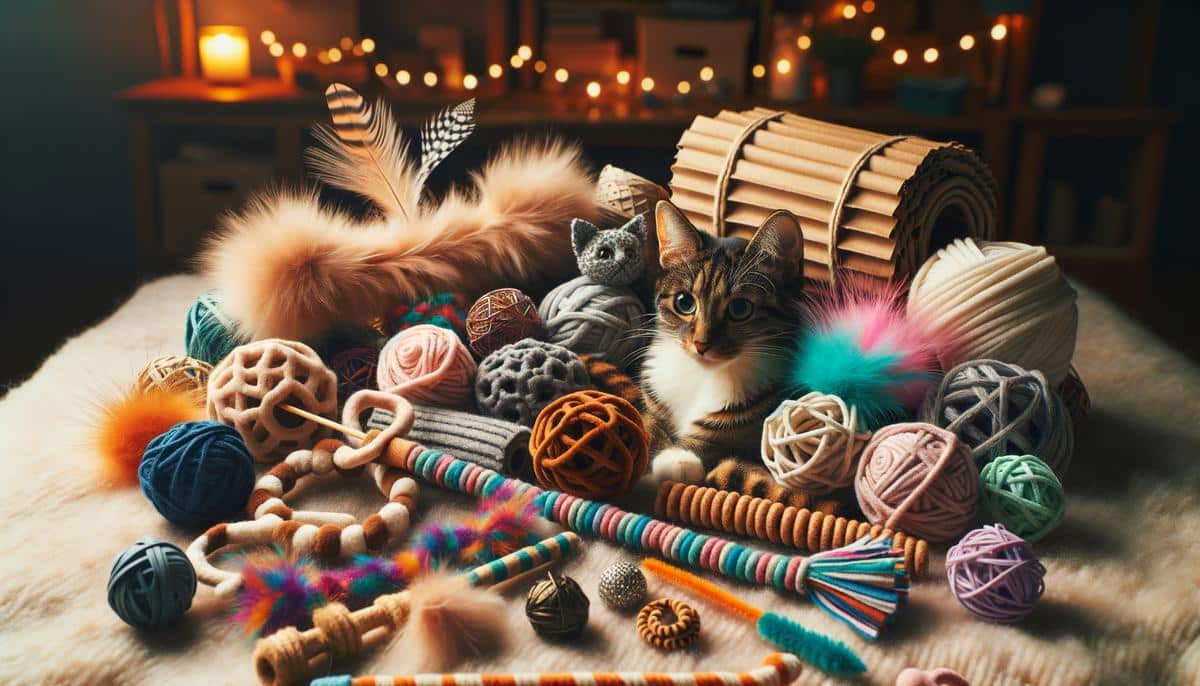image of various homemade cat toys for enrichment