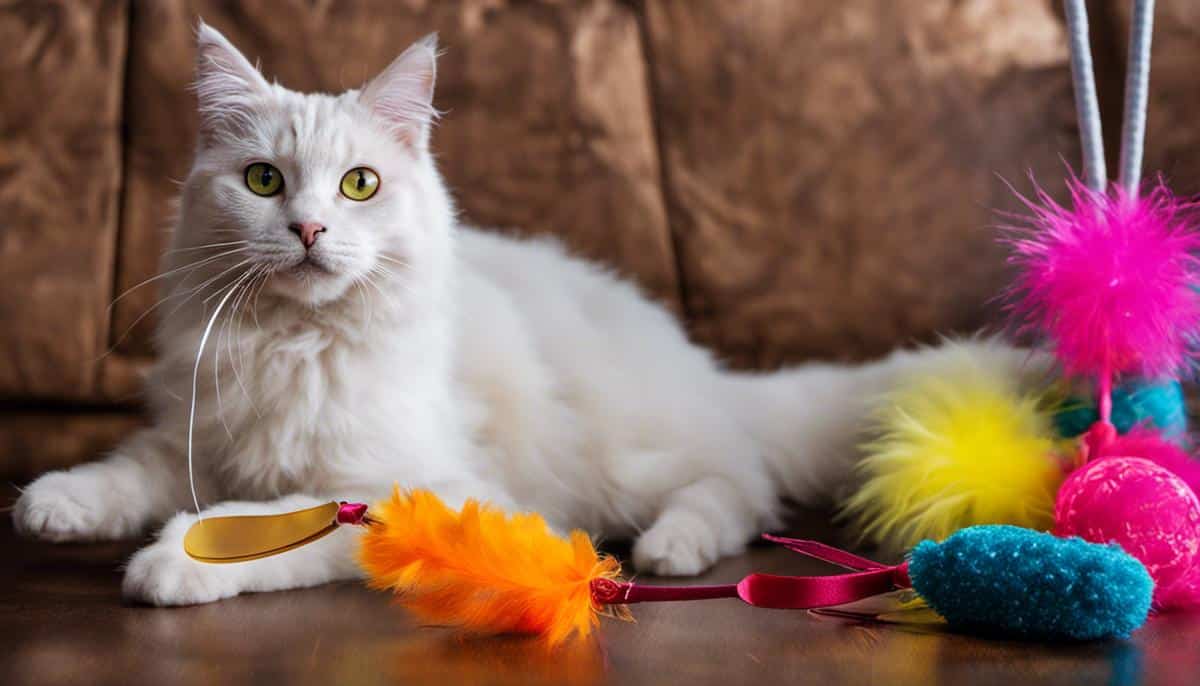 Image of homemade cat toys including a feather wand, crinkle pompom, and laser pointer.