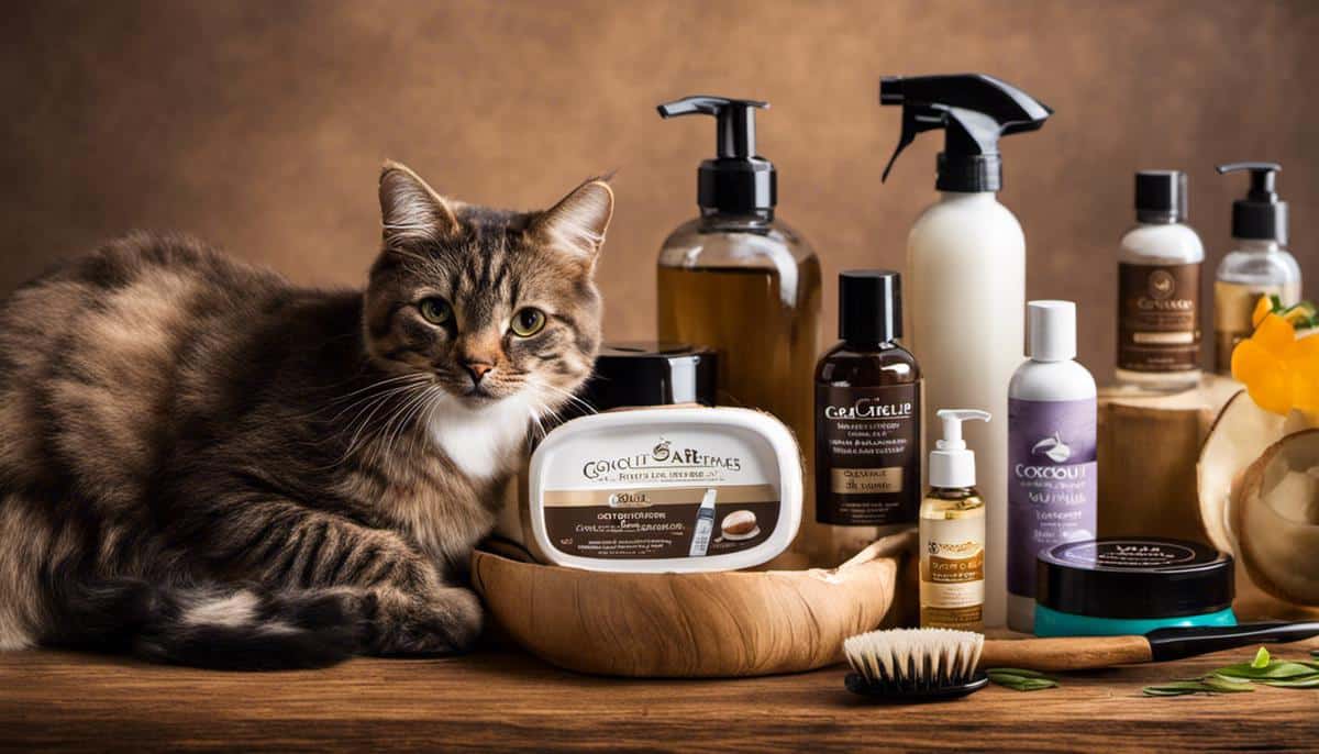 Image of various grooming essentials for cats, including shampoos, combs, coconut oil cream, and toothpaste.