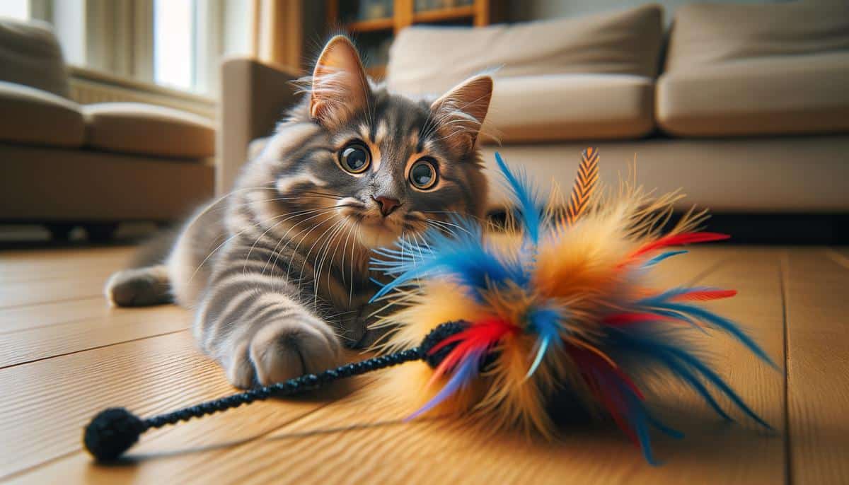 A feather wand toy being played with by a cat