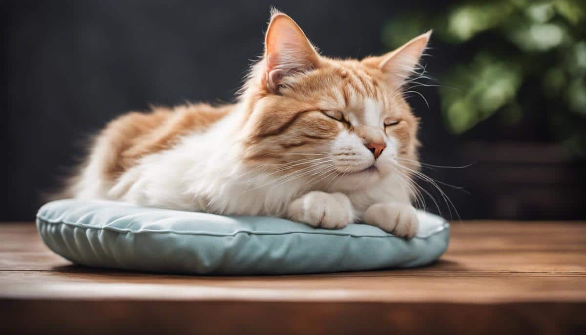 Image of a relaxed cat with closed eyes lying on a soft cushion in a peaceful environment