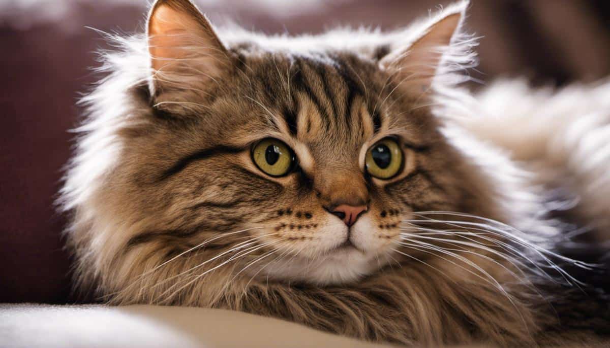Image of a furry friend, a cat, sitting on a cushion and looking content