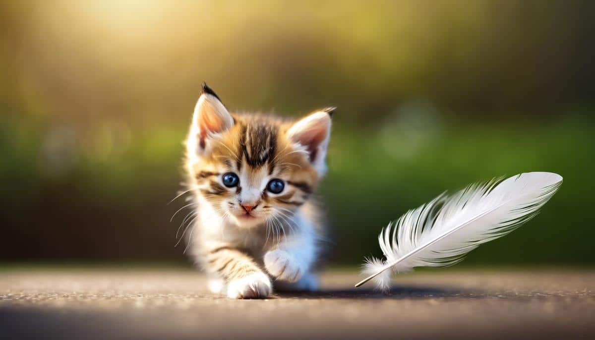 Image description: A cute kitten playing with a feather toy