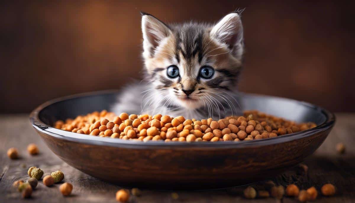 An image of a bowl of kitten food with a cute kitten sitting beside it.