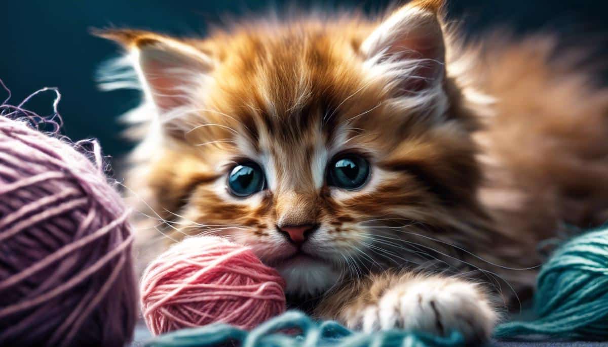 Image of a fluffy kitten playing with a ball of yarn