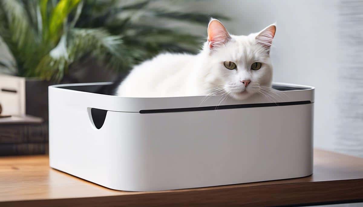 A white litter box with a sleeping cat inside, peacefully taking a nap.