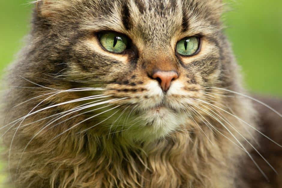 A fluffy Maine Coon cat sitting on a cozy blanket.