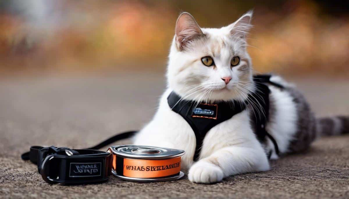 A Maine Coon cat wearing a harness and leash, sitting beside a clicker and treats.