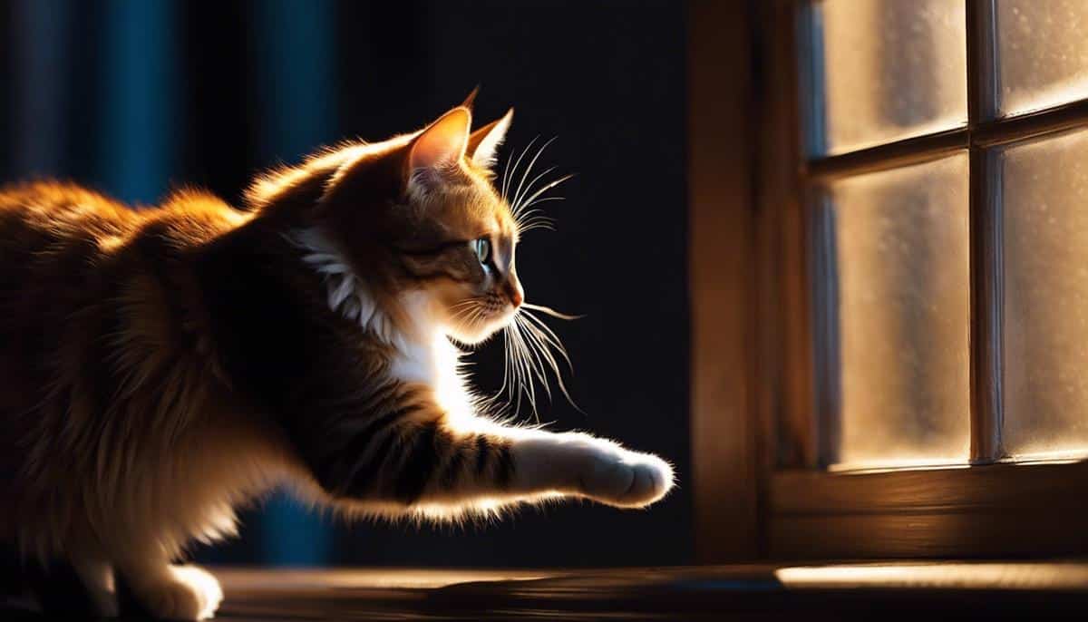 A close-up image of a cat pawing at a window during nighttime, symbolizing nocturnal feline yowling.