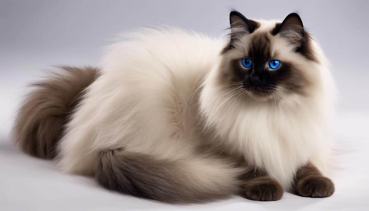 A beautiful Ragdoll cat with blue eyes and a fluffy coat, sitting gracefully