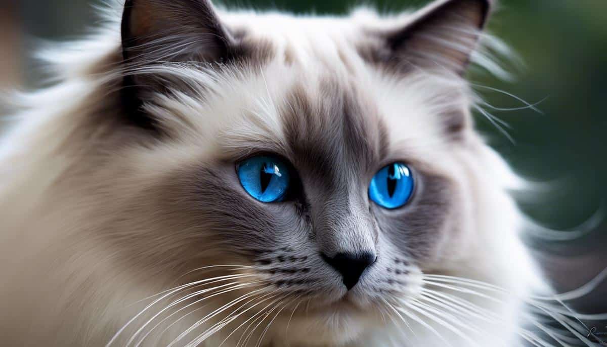 A beautiful Ragdoll cat with striking blue eyes and a gentle expression.
