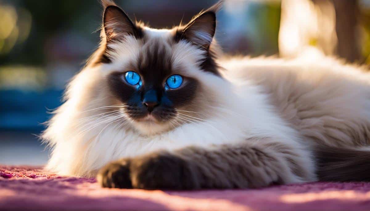 A Ragdoll cat lying peacefully on a sun-warmed rug, showing its striking blue eyes and plush fur.