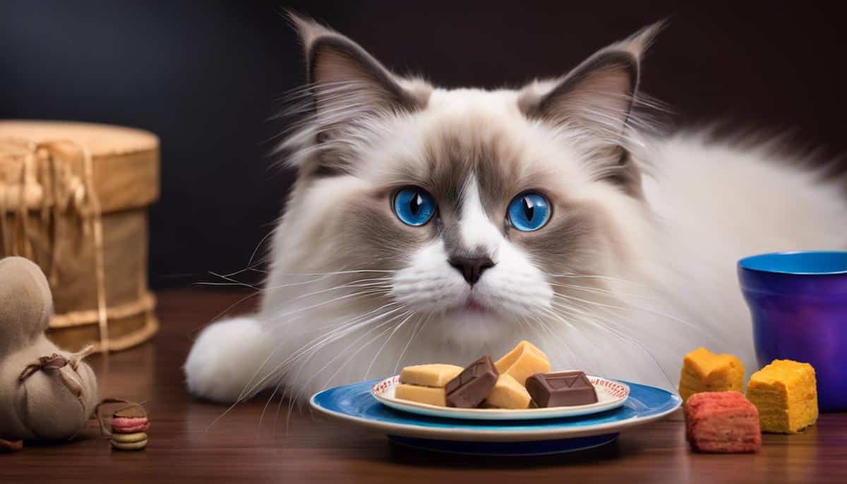 A happy Ragdoll cat sitting next to a clicker, a toy, and a plate of treats.