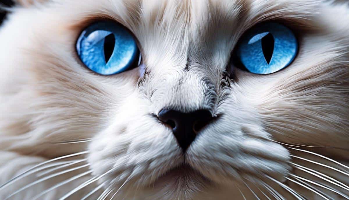 A close-up image of a Ragdoll cat with its blue eyes and plush fur.