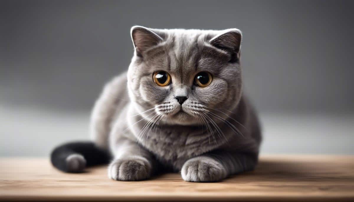 Adorable Scottish Fold cat with folded ears sitting in a quirky position, resembling a little furry Buddha