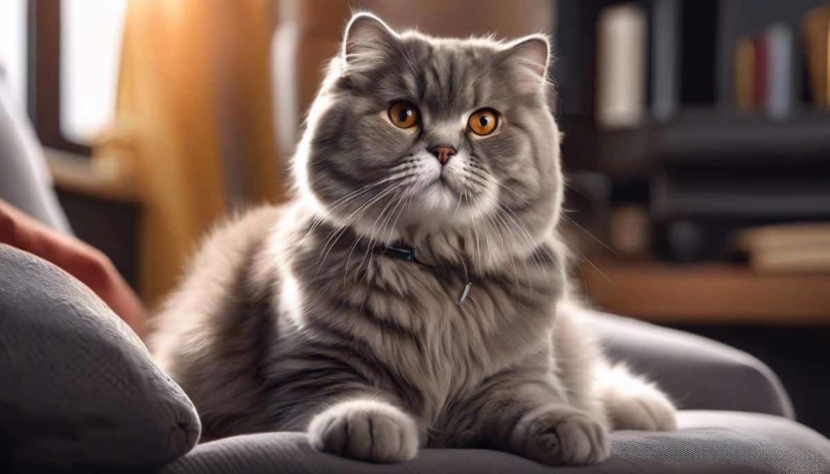 A fluffy Scottish Fold cat with folded ears, sitting in a cozy home environment, ready for training.