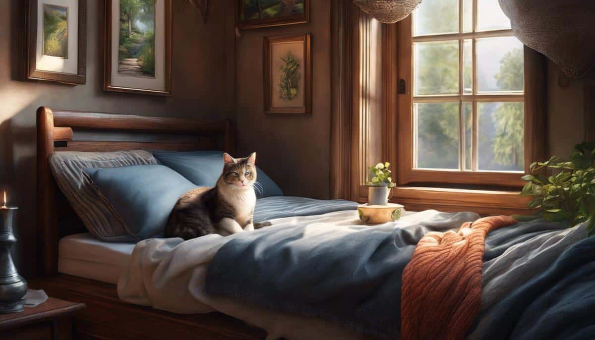 Image description: A cozy corner with a soft bed and a senior cat resting peacefully.
