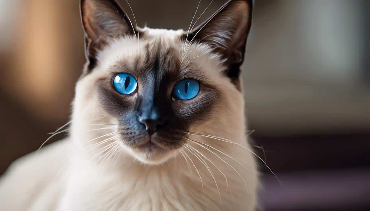 A Siamese cat with blue almond-shaped eyes and a cream-colored coat, looking directly at the camera.