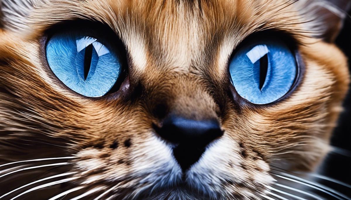 A close-up image of a Siamese cat with vibrant blue eyes and distinct fur points on its ears, face, paws, and tail.