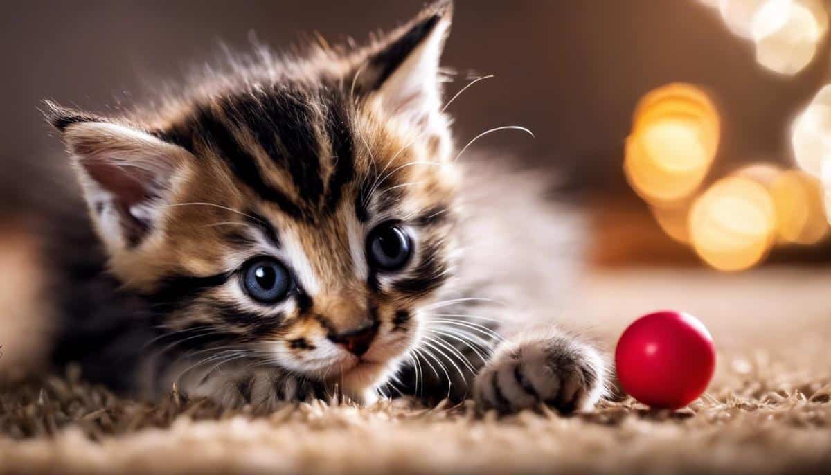 A cute kitten playing with a toy, representing the topic of socializing and training kittens