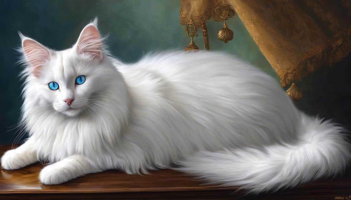 A regal Turkish Angora cat with beautiful white fur and blue eyes, sitting gracefully.
